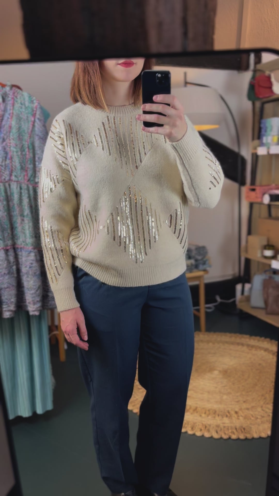 Funkelnder Pailletten Pullover in Naturbeige